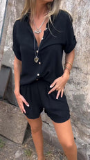 Conjunto Casual em Linho e Algodão Blusa + Shorts (Promoção de Outono)