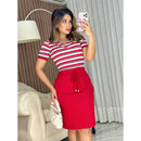 Vestido FEMININO Bolso Listrado Midi Malha Canelada Moda Evangélica Cristã