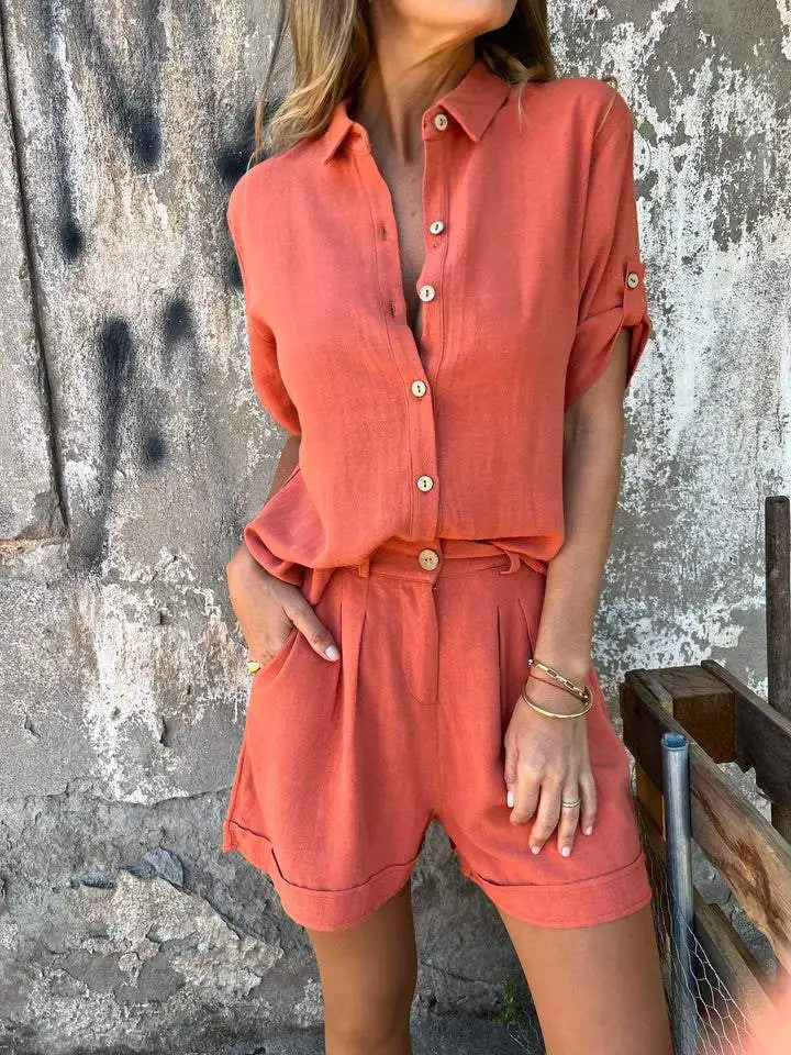 Conjunto Casual em Linho e Algodão Blusa + Shorts (Promoção de Outono)