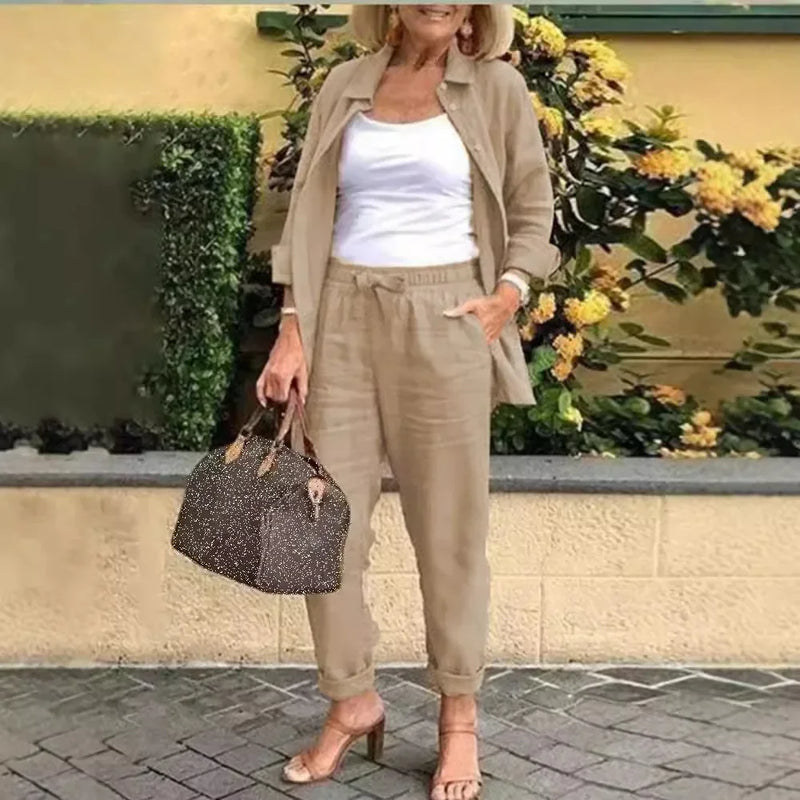 Conjunto Lavine Manga Longa em Linho de Algodão Blusa e Calça / Estilo e Beleza para Seus Dias
