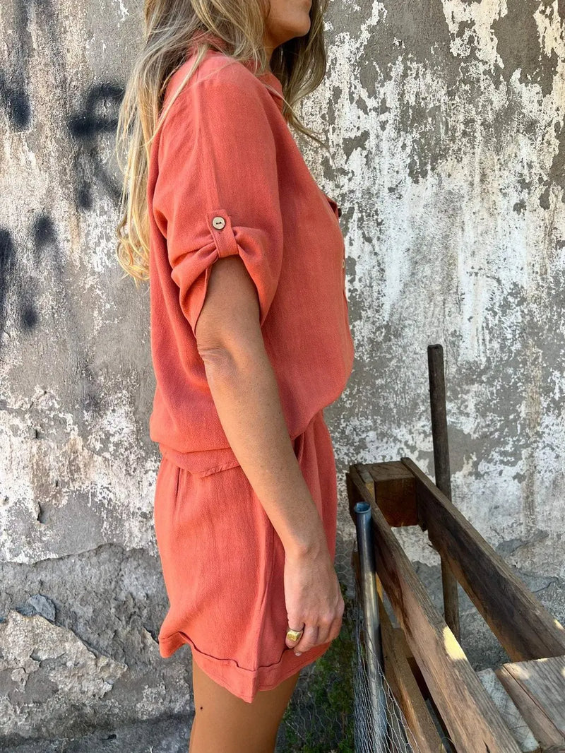 Conjunto Casual em Linho e Algodão Blusa + Shorts (Promoção de Outono)