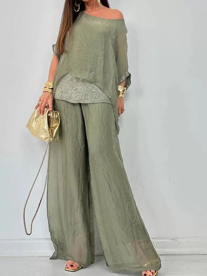 Conjunto Calça e Blusa de Seda Georgina / Perfeito Para todas Ocasiões