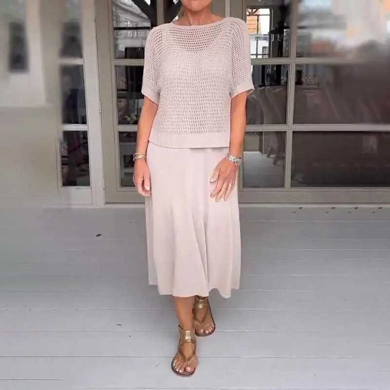 Conjunto Madalena Vestido fluido + Blusa em crochê / Perfeito para Qualquer Momento