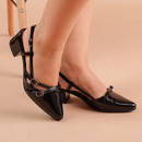 Sapato Feminino Slingback Scarpin Social Tiras Fivela Bico Fino Verniz Salto Baixo Bloco Confortável Boho