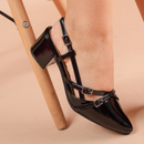 Sapato Feminino Slingback Scarpin Social Tiras Fivela Bico Fino Verniz Salto Baixo Bloco Confortável Boho