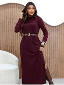 Vestido Feminino Lanzinha Premium Longo Tricot Canelado Malha la Grossa com Fenda Lateral