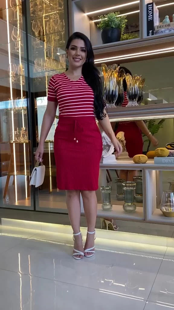 Vestido FEMININO Bolso Listrado Midi Malha Canelada Moda Evangélica Cristã